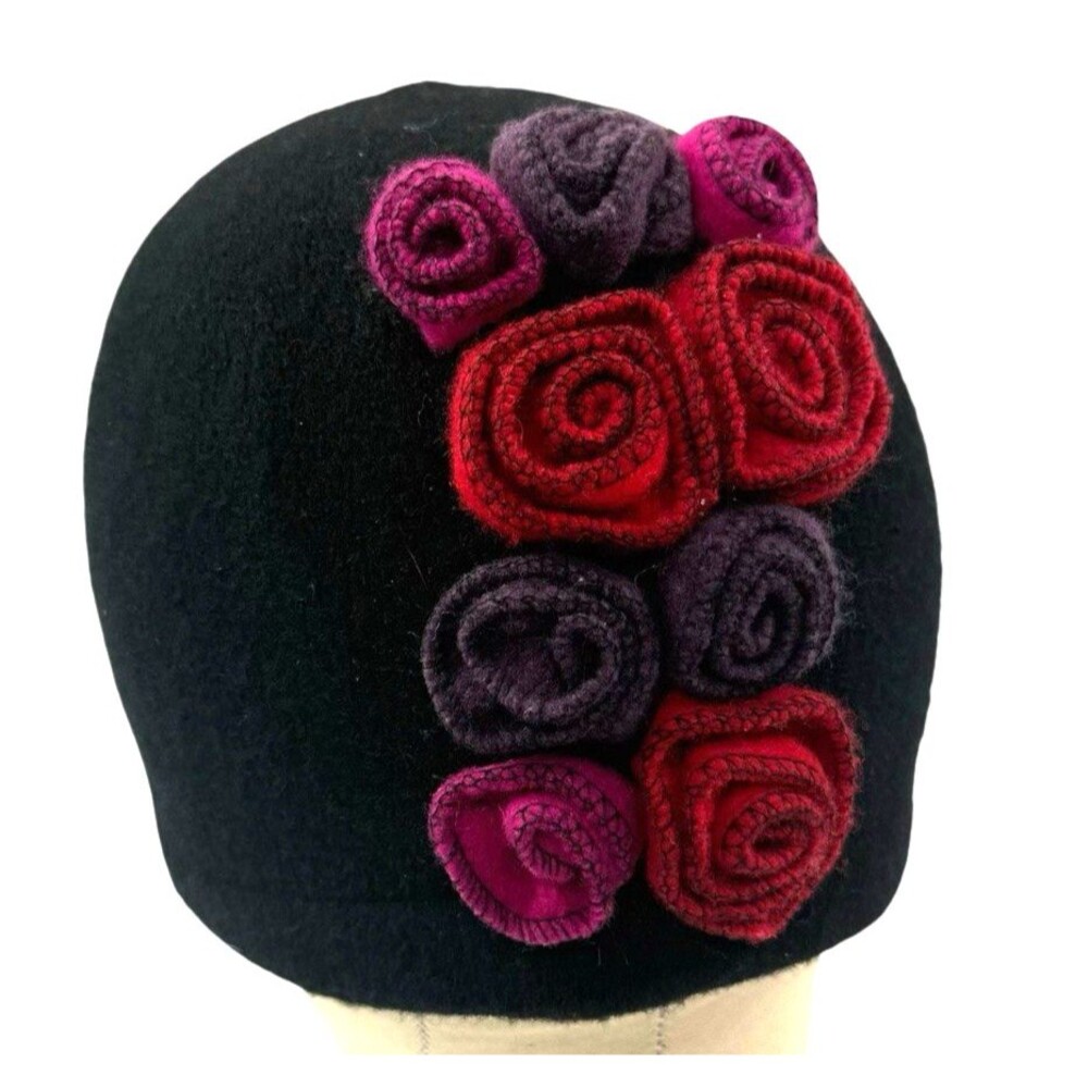 Something Special 100% Wool Felted Flowers Beanie Hat OS Black Pink Red Boho